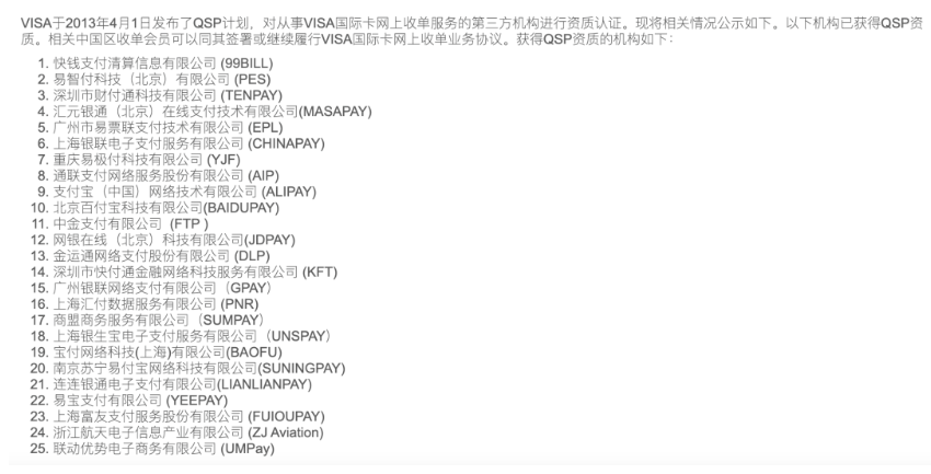 最新25家外卡收单（VISA）机构名单公示