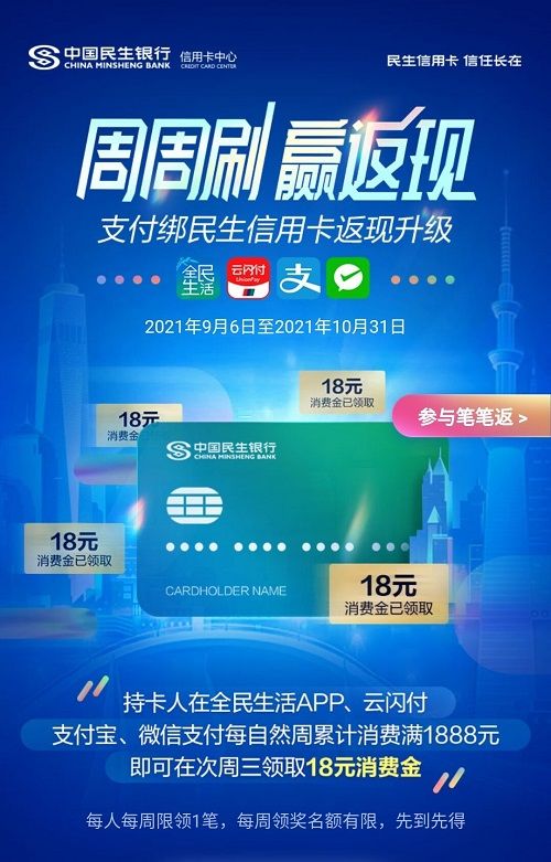 民生银行信用卡周周刷赢返现活动，每周返现18元